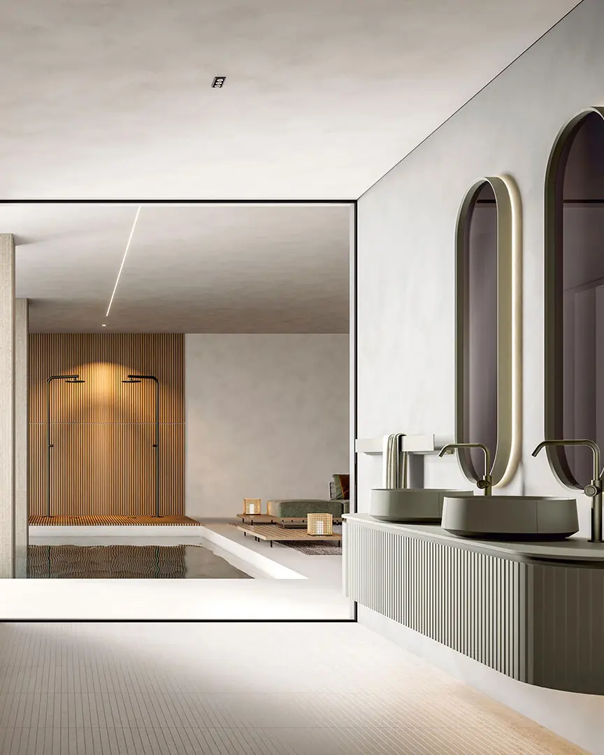 Mobile bagno sospeso con specchi ovali e parete in legno