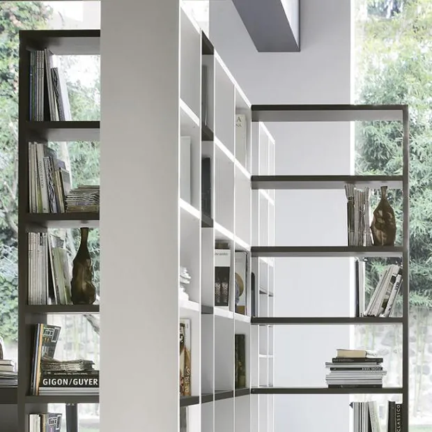 Dettaglio di libreria bianca e scura con libri e oggetti